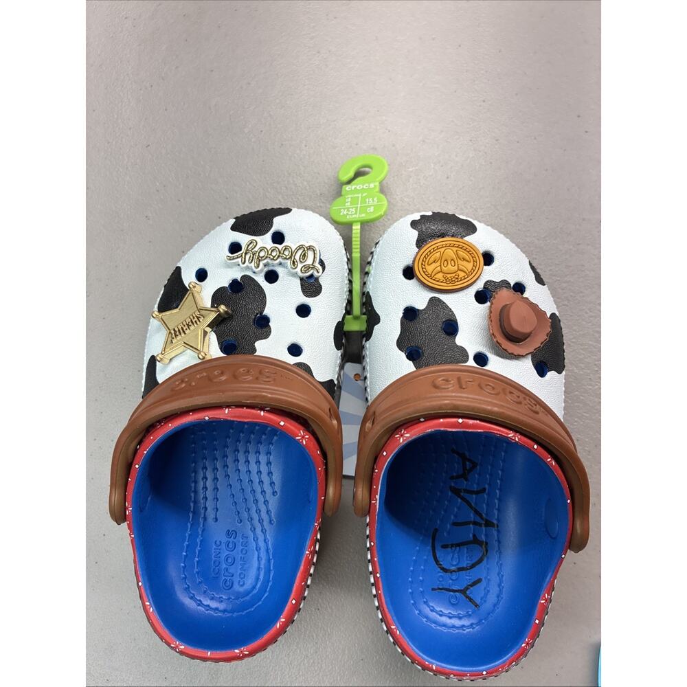 Crocs Toy Story Woody Kids Clog Cow Print Blue Brown Red Size 8c c8 New W/ Tags